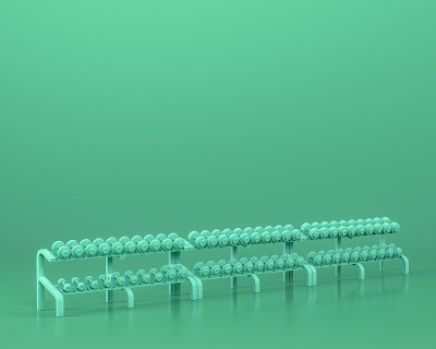 哑铃架健身器材，单色蓝色背景，3d渲染