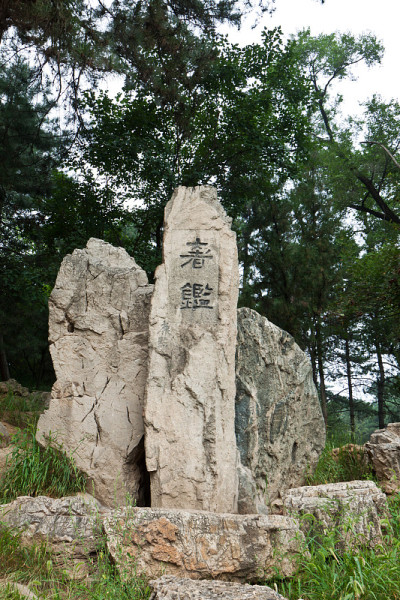 文字刻在岩石上，在一个公园里