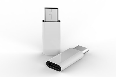 空白Micro USB适配器数据充电转换器电缆连接器Android到USB类型C品牌。3d渲染插图。