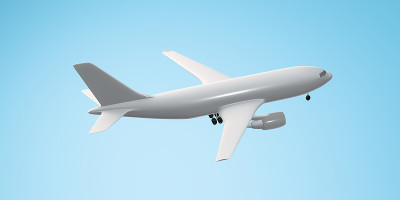 近距离的飞行飞机用空白空白的空间为拷贝，孤立蓝天。