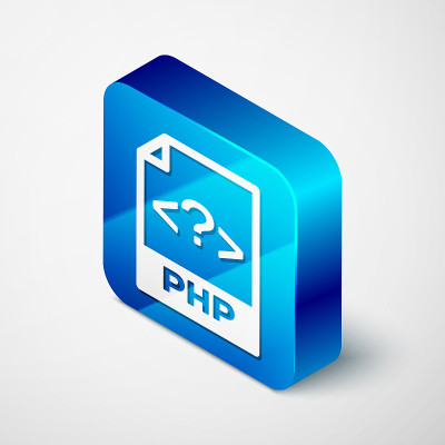 等距PHP文件文档图标。下载php按钮图标隔离在白色背景。PHP文件的象征。蓝色方块按钮。矢量图