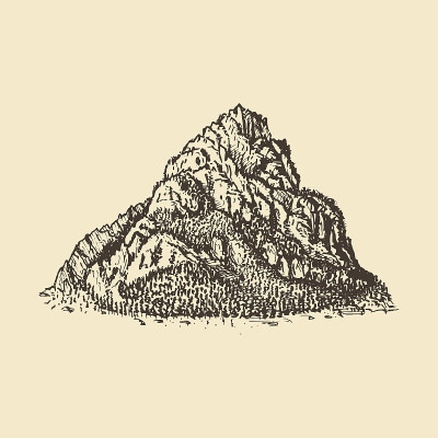 山景，手绘插图。矢量草图的高山景观标签，海报等。