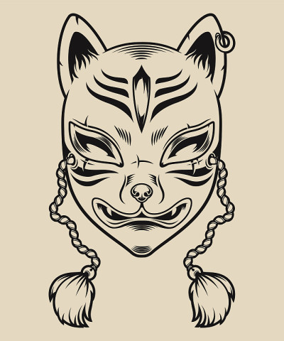 黑白插图的日本狐狸面具
