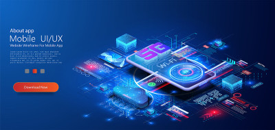 5G网络无线技术矢量插图。等距智能手机与大字母5g和速度测试。现代移动通信技术背景。网页模板。蓝色的