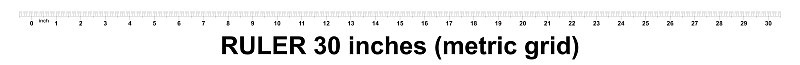 Ruler 30 inches. Metric inch size indicator. The d
