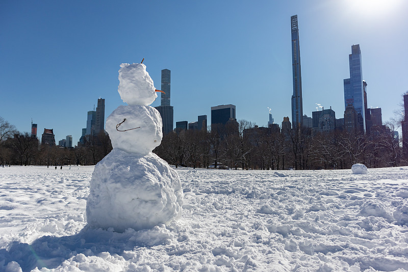 冬天在纽约中央公园的绵羊草地上的雪人，背景是曼哈顿中城的天际线