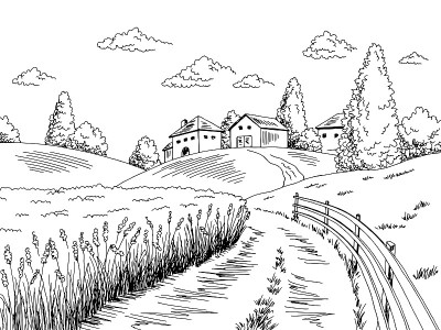 乡村道路图形黑白色乡村景观素描插图矢量