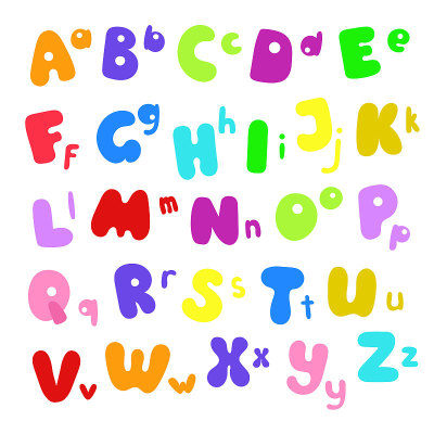 英文字母大写和小字母颜色不同鲜艳，卡通风格手绘abc集矢量插图，可爱搞笑的装饰字母