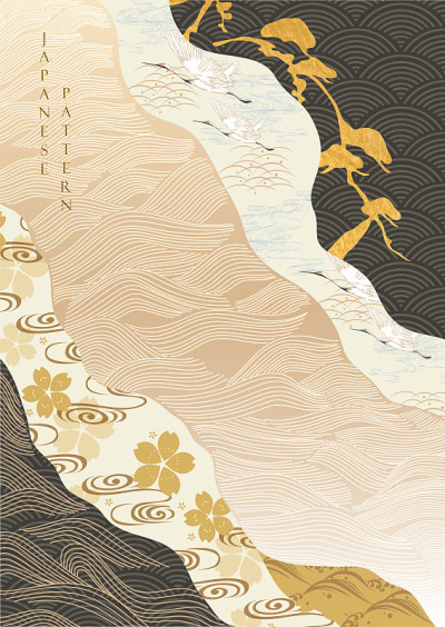 日本背景与线模式向量。樱花花装饰用金色纹理和鹤鸟插图。