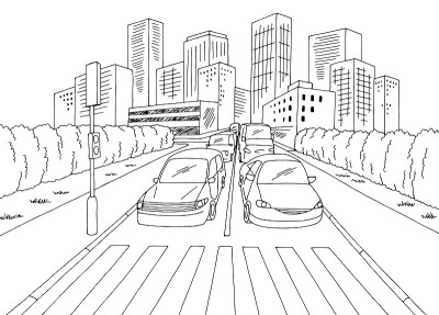 交通拥堵街道人行横道道路图形黑色白色城市景观草图插图向量