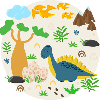 poster with dinosaur and eggs - vector illustratio