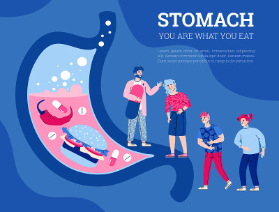 Stomach and digestive system medical banner cartoo