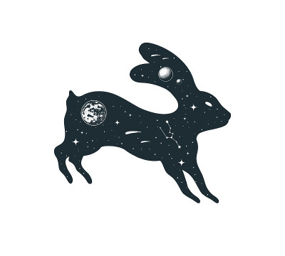 手绘矢量孤立插图的天兔。神秘兔子与星星，星座，月亮和行星。