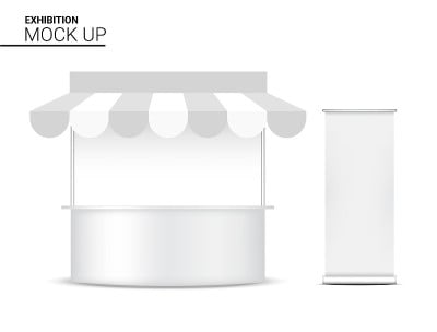 3D模拟逼真的摊位展示POP店铺销售营销推广展览与滚动横幅模板背景插图