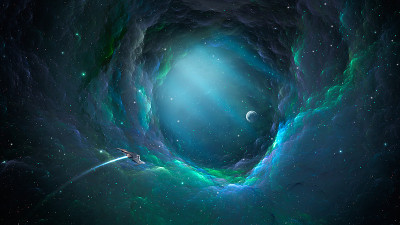 空间背景。宇宙飞船穿越彩色星云分形隧道到达行星