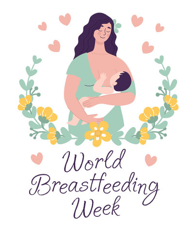 漂亮的年轻女人抱着一个婴儿。明信片世界母乳喂养周。幸福母亲的概念，家庭，爱。矢量插图在一个平坦的风格