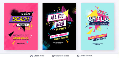 Set of summer season ad posters in pop-art style.