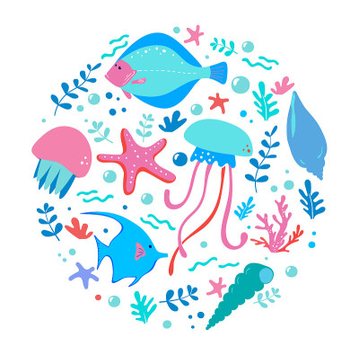Circle vector set of cartoon sealife animals over 