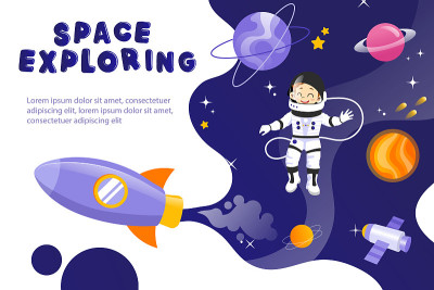 卡通空间探索旗帜与Lorem Ipsum。太空人小孩穿着太空服开心地笑。彩色矢量插图的小宇航员和星系