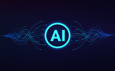 人工智能。AI文本在中心和移动的蓝色波浪。机器学习和数据分析。向量
