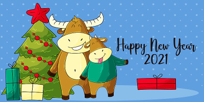 2021新年快乐儿童插画。中国新年牛年2021年