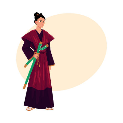 日本武士，武士穿着传统和服和武士刀