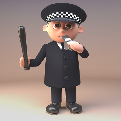 警察警察在3d吹他的哨子，而挥舞警棍，3d插图