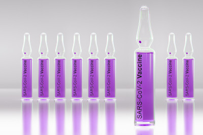 Covid -19疫苗安瓿。SARS-CoV-2。疫苗批量3d渲染。4 k