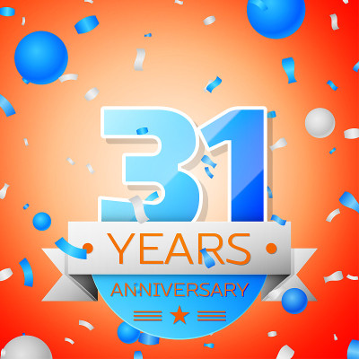 31周年庆典在橙色的背景。周年丝带