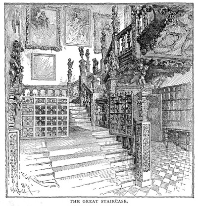 英国赫特福德哈特菲尔德住宅大楼梯的维多利亚黑白版画;英语画报杂志1892年