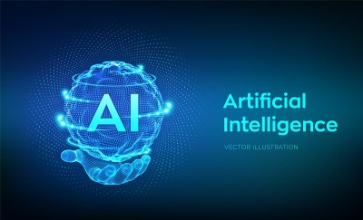 人工智能。人工智能标志在手。人工智能和机器学习的概念。球面网格波与二进制代码。大数据创新技术。神经网