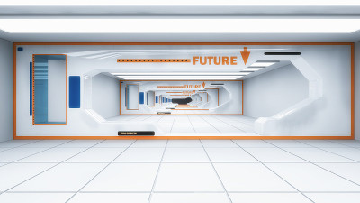 3 d渲染室内。未来的走廊。室内概念设计