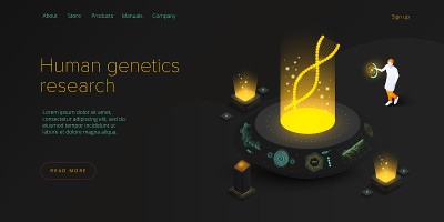 人类遗传学概念中的等距矢量图解。DNA分子或基因研究技术。医学创新或生物技术科学背景。生物网络横幅模