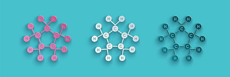 剪纸分子油图标孤立在蓝色背景。化学分子的结构。纸艺术风格。矢量图