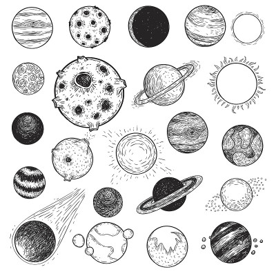 一组行星图标，手绘矢量插图。