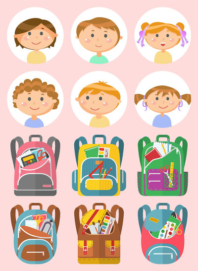 School Children Portraits , Backpack Set Vector