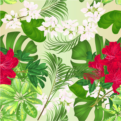 无缝纹理的花束配热带花卉插花，配美丽的红色杜鹃花、谢夫勒花、玉兰花和无花果等自然背景复古矢量插图可编