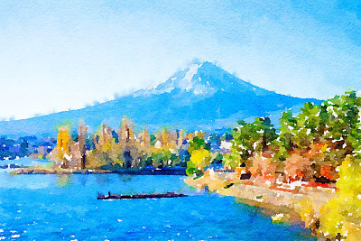 美丽的水彩画风景在日本富士山的地标。