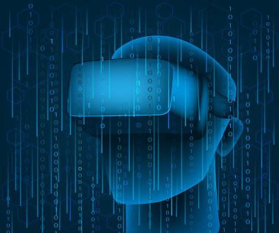 戴着vr眼镜和二进制代码的人。