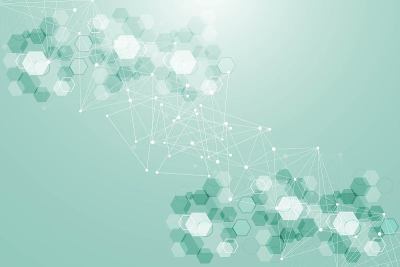 科学网络格局，连接线与点。技术六边形结构或分子连接元件。