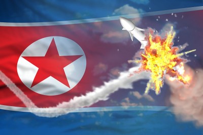 朝鲜截获弹道导弹，现代反火箭摧毁敌方导弹概念，军用工业用3D图面旗