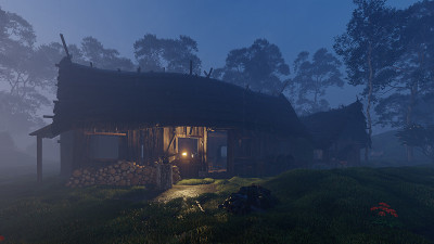 黄昏后森林中央的小屋