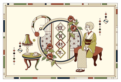 和服女子和复古圆形窗口矢量框架插图材料
