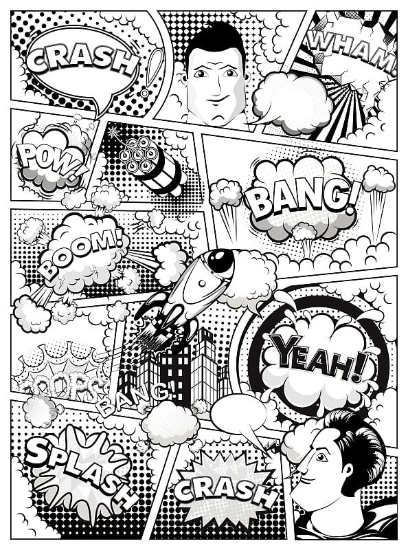 Black and white comic book page divided by lines w