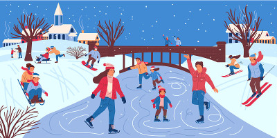 人们在冬季公园。男男女女在冰冻的河面上滑冰。可爱的孩子们玩雪橇，堆雪人，大人滑雪，单板滑雪。城市景观