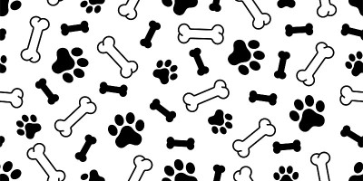 狗骨头无缝模式爪脚印向量法国斗牛犬小狗宠物卡通骷髅万圣节重复墙纸瓷砖背景围巾隔离插图涂鸦设计
