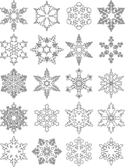 一组不同的剪影雪花平面线性矢量图标。向量。