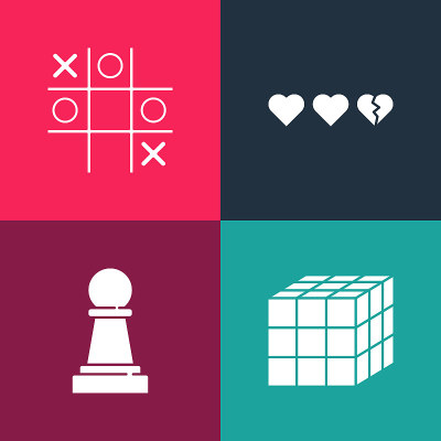 设置流行艺术魔方，国际象棋，游戏的心和井字游戏图标。向量