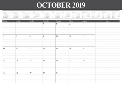 2019年10月台历矢量插图