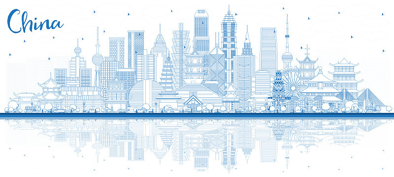 用蓝色建筑勾勒出中国城市的天际线。中国的著名地标。